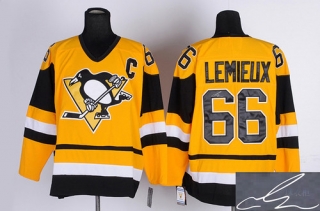 Autographed Pittsburgh Penguins -66 Mario Lemieux Stitched Yellow Mitchell&Ness NHL Jersey